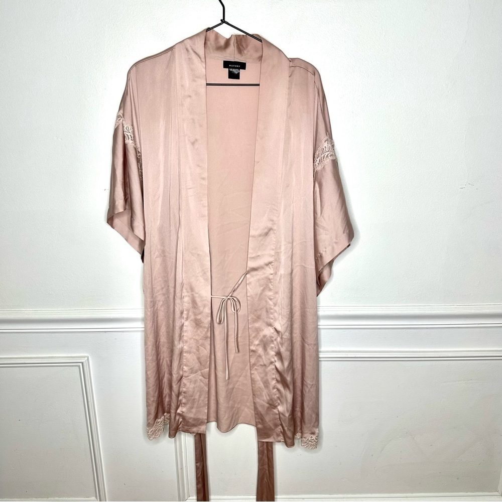 Natori Papillion Satin Lace Mauve Kimono Wrap Robe Womens XL